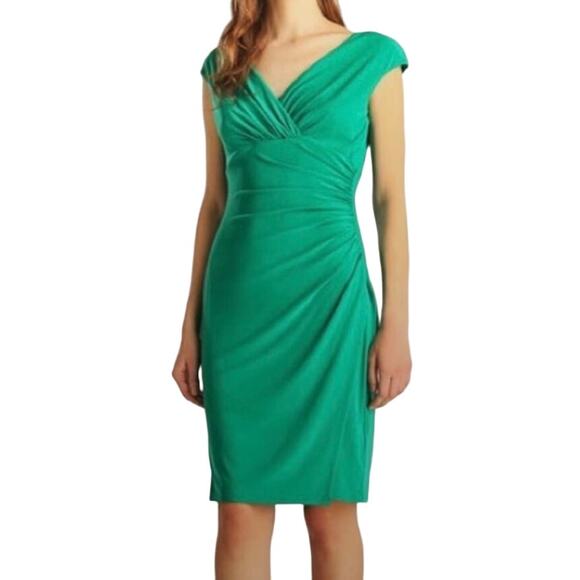 Ralph Lauren Green Wrap Front Short Sleeve Formal Mini Dress Size 10 Large - Picture 1 of 6